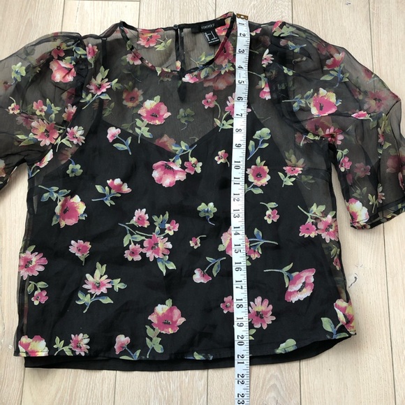 Forever 21 Floral Puff Sleeve Sheer Chiffon Top in Black Size S - Picture 3 of 9